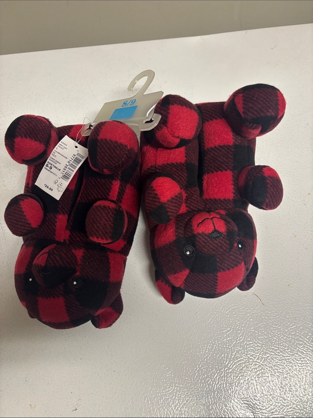 NWT The Children's Place Red and Black Buffalo Plaid Bear Slippers